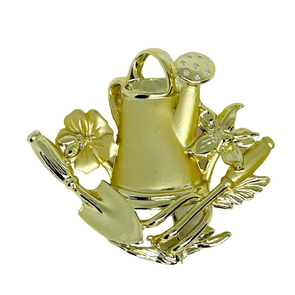 Vintage Gardening Theme Water Can Brooch Gold Tone Signed AJC